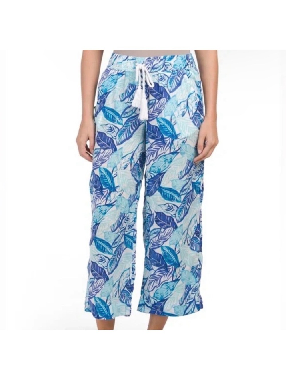Sigrid Olsen Linen Crop Pants Women Medium Blue Print Pockets Coastal Resort